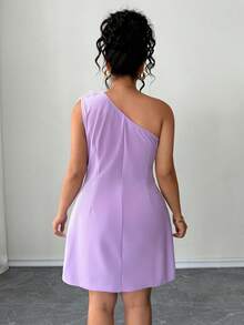 Elenzga 大码女式不对称肩部拉链性感多色3D立体花卉优雅鸡尾酒会迷你连衣裙 - 淡紫色 - 查看 2