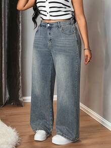 Truni 加大码 Y2k 宽松街头风格性感水洗阔腿牛仔裤，返校季，教师秋季女式宽松男友风牛仔裤 - 深色水洗藍 - 查看 5