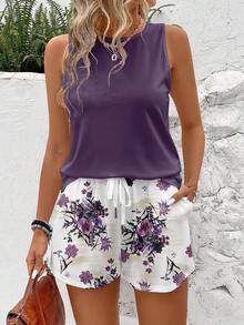 EMERY ROSE Plus Size Women's Casual Purple Round Neck Tank Top & Floral Print Shorts 2-Piece Set, Suitable For Summer - Multicolor - View 1