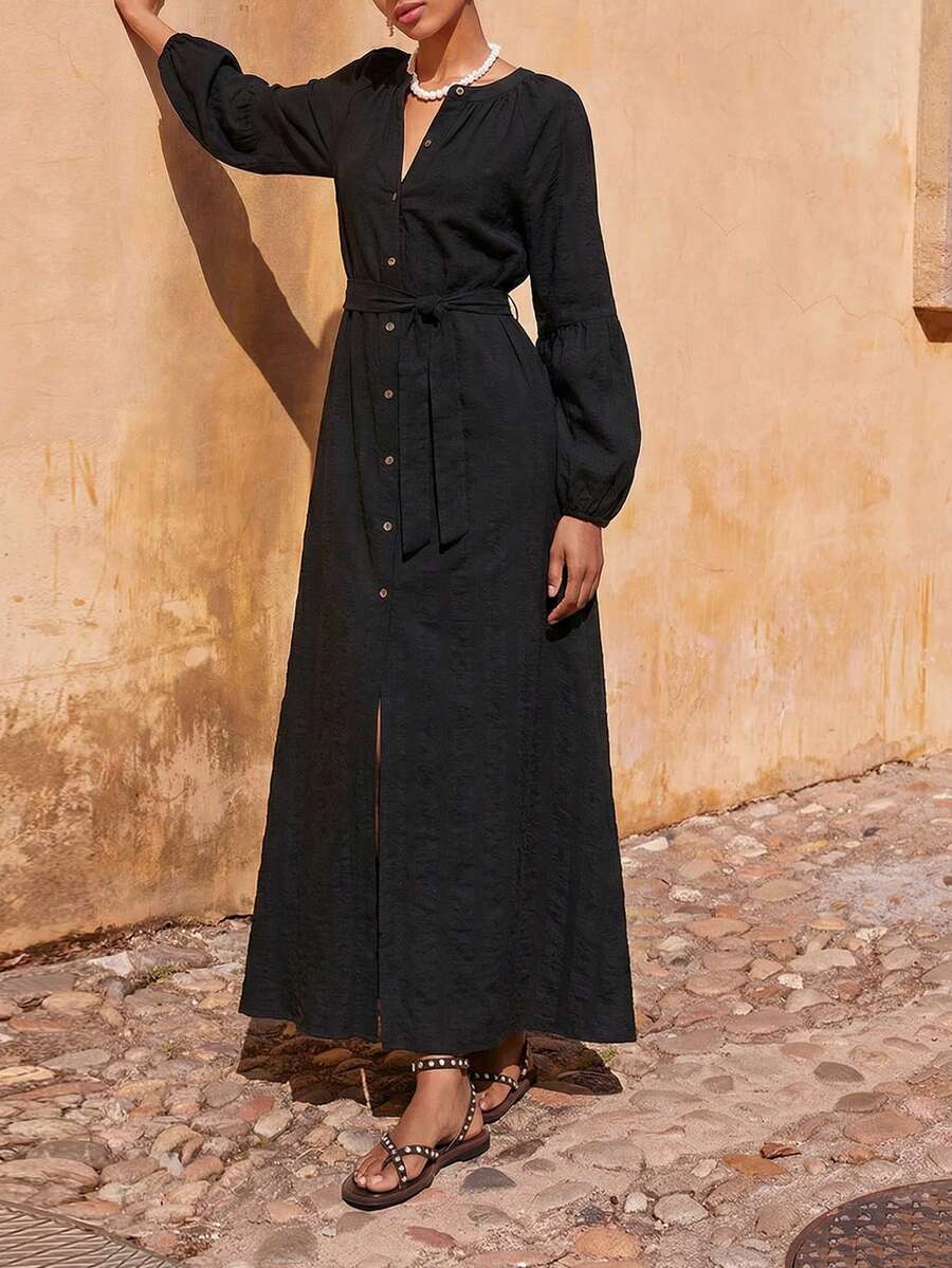 SHEIN Maija Outfit Deas For Dress Women's Long Shirt Dress With Waist Belt  Spring Summer Beach Outfits Easter Dress Women Wedding Party Dress Summer Looking Younger A Strap On The Waist Modest Dress - Black - View 1