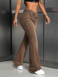 SHEIN Tall 女士休闲腰带复古喇叭牛仔裤 - 棕色 - 查看 3