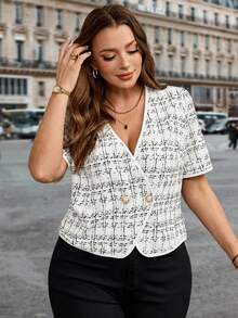 SHEIN Clasi 大码女式夏季通勤前扣短袖外套 - 黑與白 - 查看 6