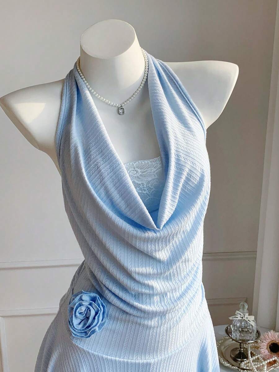 Comfortcana Women's Baby Blue Plunging Neck Contrast Lace Mini Dress,Summer Elegant Tea Party Wedding Guest Gown,Special Occasion Graduation Vacation Outfits - Blue - View 1