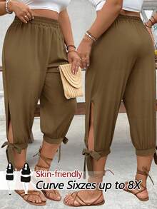 SHEIN CURVE+ Plus Size High Waist Drawstring 7/8 Pants, Spring/Summer - Coffee Brown - View 1