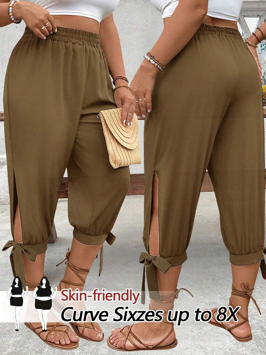 SHEIN CURVE+ Plus Size High Waist Drawstring 7/8 Pants, Spring/Summer - Coffee Brown - View 1