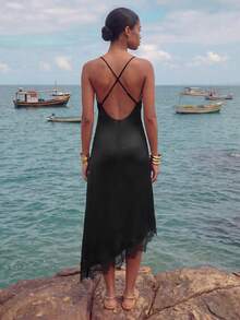 CAJUNI Đầm midi nữ phối ren, kiểu dáng thường ngày, thích hợp cho kỳ nghỉ, đi biển. - màu đen - Xem 2