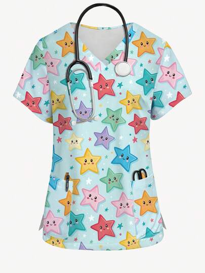 PopScrub 可爱表情设计彩色星星卡通印花护士服上衣，V领短袖手术服上衣，女士护士制服，适合假日、度假和日常穿着