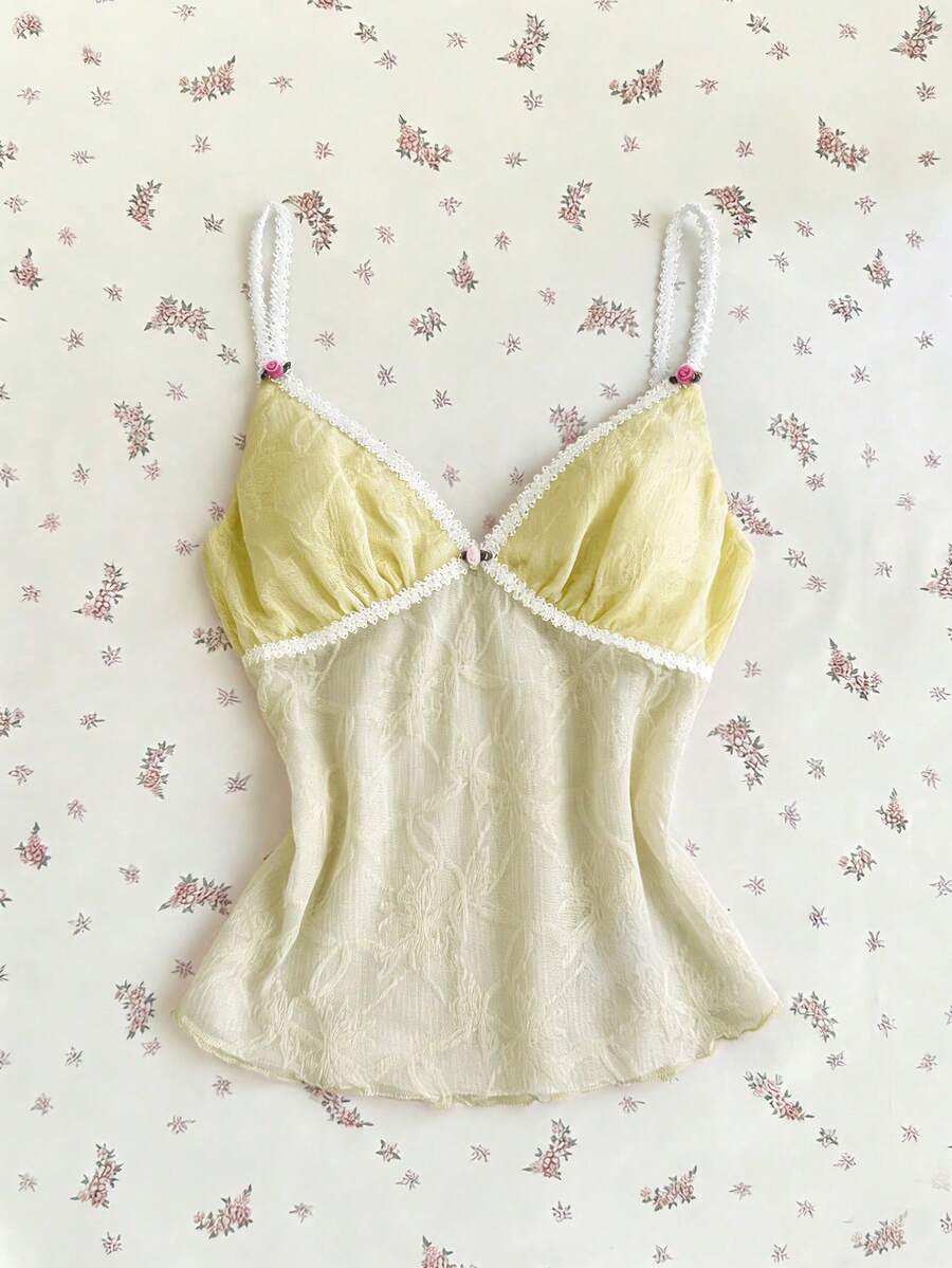 Elamini White And Yellow Summer 1960s Vintage 70s Retro Party Women's V-Neck Lace Ruffle 3D Flower Bow Tie Backless Camisole Tank Top Italian Corset Camis - Light Yellow - View 1