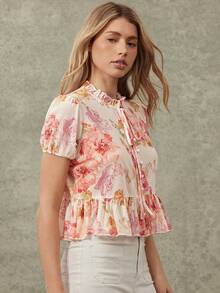 WESTFADE Sheer Floral Mesh Mock Neck Bow Tie Front Ruffle Peplum Short Puff Sleeve Top Spring, Summer, Resort Wear, Festival, Cute, Boho, Vacation, Beach, Nashville, Rodeo, Country Concert Outfit, Cowgirl, Western Wear - Multicolor - View 5