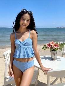 SHEIN Bộ đồ bơi hai mảnh màu trơn khoét rỗng, thích hợp cho bãi biển, khu nghỉ dưỡng và suối nước nóng. - Màu xanh lam - Xem 7