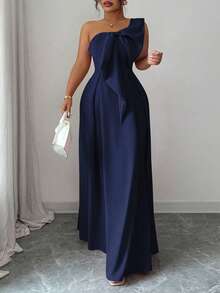 Elenzga Plus Size Women's Asymmetric Asymmetrical Shoulder Romantic Dress With Plus Size Bow Waist Tie, Suitable For Party, Wedding Guest, Bridesmaid, Autumn/Winter Women Elegant Outfits Where To Buy Evening Dresses Women's Dress Formal Wear Women Dresses Elegant Classic Bridesmaid Gown For Wedding - Navy Blue - View 5