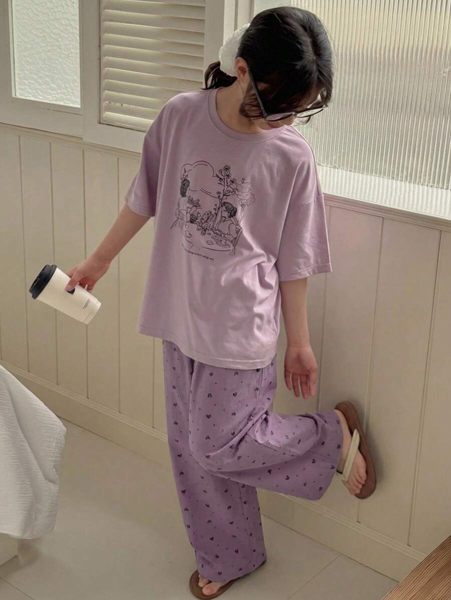 Dazy Kids 少女圆领印花短袖T恤+长裤家居服套装,春夏款 - 紫色 - 查看 1