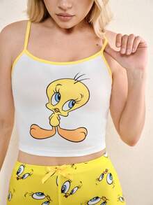 LOONEY TUNES X SHEIN Women's Cartoon Print Camisole And Shorts Pajama Set, - Yellow - View 6