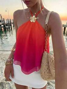 Aloruh 女士金属装饰渐变色围巾下摆系带露背吊带上衣 - 彩色 - 查看 9