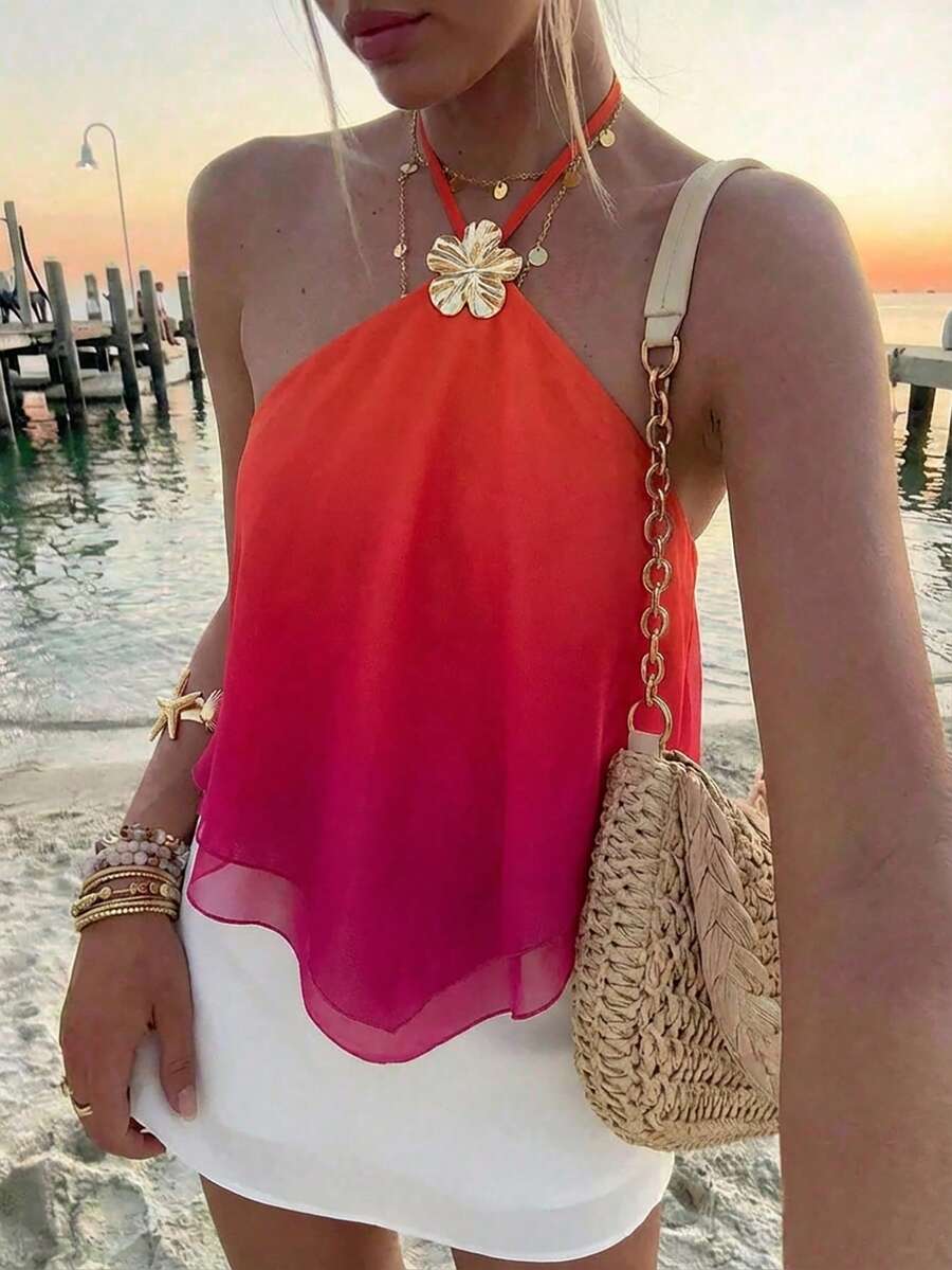 Aloruh 女士金属装饰渐变色围巾下摆系带露背吊带上衣 - 彩色 - 查看 1