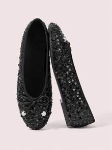 CUCCOO DOLLMOD 女士黑色亮片编织面料简约蝴蝶结串珠方头芭蕾平底鞋，适合四季生日派对穿着。 - 黑色 - 查看 1