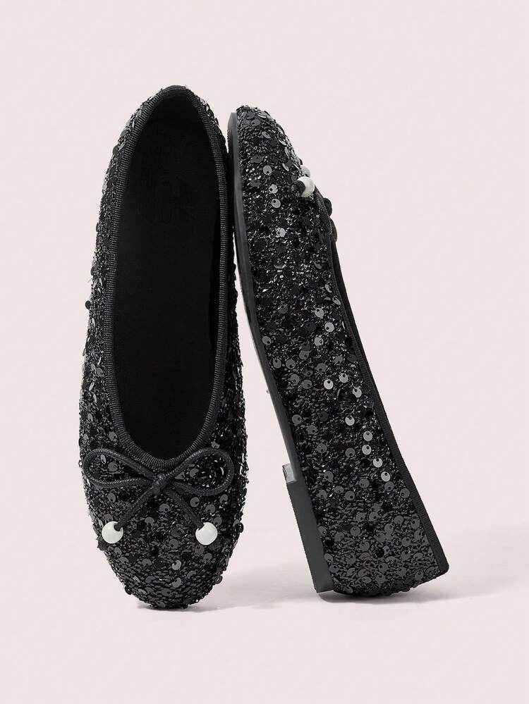 CUCCOO DOLLMOD Ladies' Black Sequined Woven Material And Simple Bow Beaded Square Toe Ballet Flat Shoes Are Suitable For Birthday Parties In Four Seasons