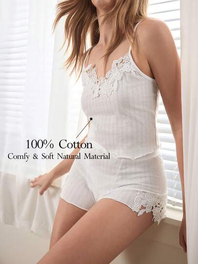 Ocili Bộ đồ ngủ nữ thoải mái với áo hai dây và quần short phối ren, thích hợp cho mùa hè.