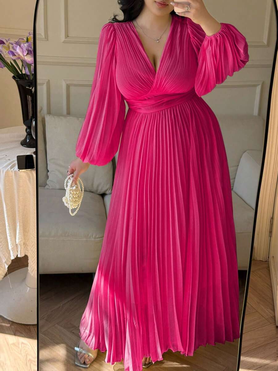 Flirla 法式优雅公主风褶皱荷叶袖A字度假婚礼伴娘礼服，纯黄色，大码 - 玫紅色 - 查看 1