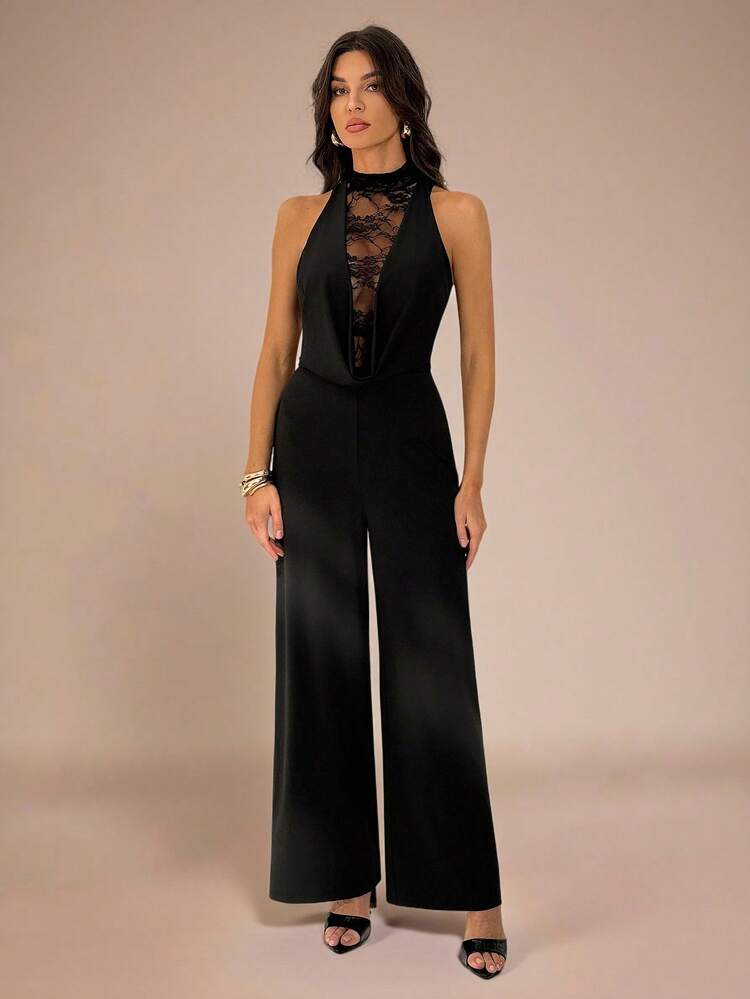 SHEIN Tall Combinaison sans manches femme de couleur unie avec empiècement en dentelle, combinaison noire avec garniture en dentelle, convient pour les fêtes, les occasions formelles, les cocktails, les événements de vacances, les tenues de Noël et du Nouvel An. - Noir - Voir 4