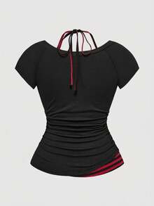 ROMWE Grunge Punk 女士性感Y2K二合一V领条纹撞色露背蝴蝶结T恤，白色 - 黑色 - 查看 2