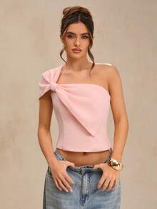 SHEIN BAE Áo kiểu nữ màu hồng thắt nơ vai, thích hợp cho mùa cưới. - Hồng - Xem 4