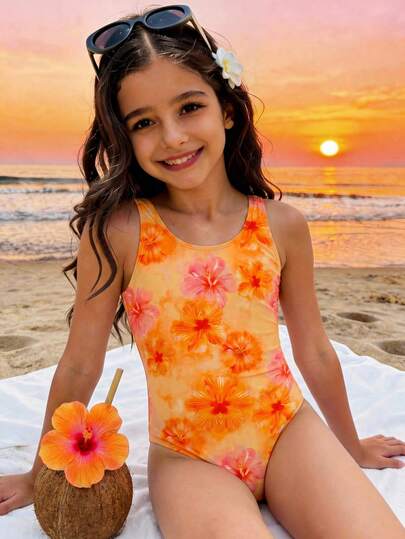 复古优雅百合花印花少女休闲简约连体泳衣，适合夏季海滩度假