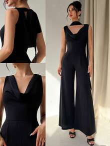 Firerie Damen eleganter minimalistischer Casual Pendler Alltags-Look, Leinen farbiges Jumpsuit mit drapiertem Kragen und weitem, geradem Bein, geeignet für Lehrer, Urlaub - Schwarz - Übersicht 2