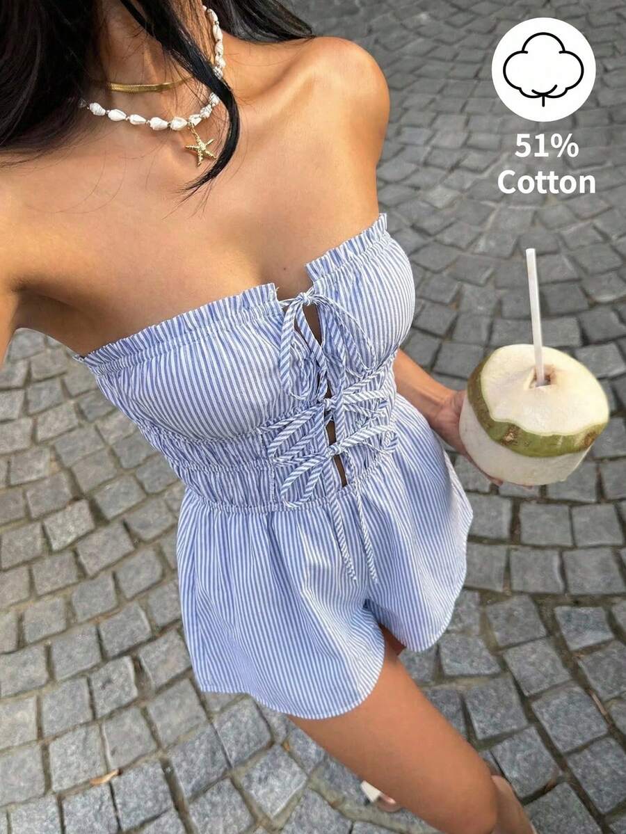 Sunnyshic Blue & White Striped Cotton Fabric Open Front Tie Waist Ruffle Hem Cropped Jumpsuit, Women Spring/Summer Vacation Beach Commute Elegant Sweet Simple Casual Versatile - Blue - View 1