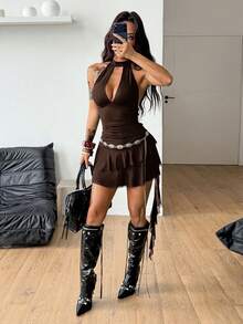 Coolane Đầm ngắn cổ yếm ôm dáng màu nâu dành cho nữ, phong cách đường phố thường ngày, hippie vintage Y2K punk, đính đinh tán. - màu nâu - Xem 3