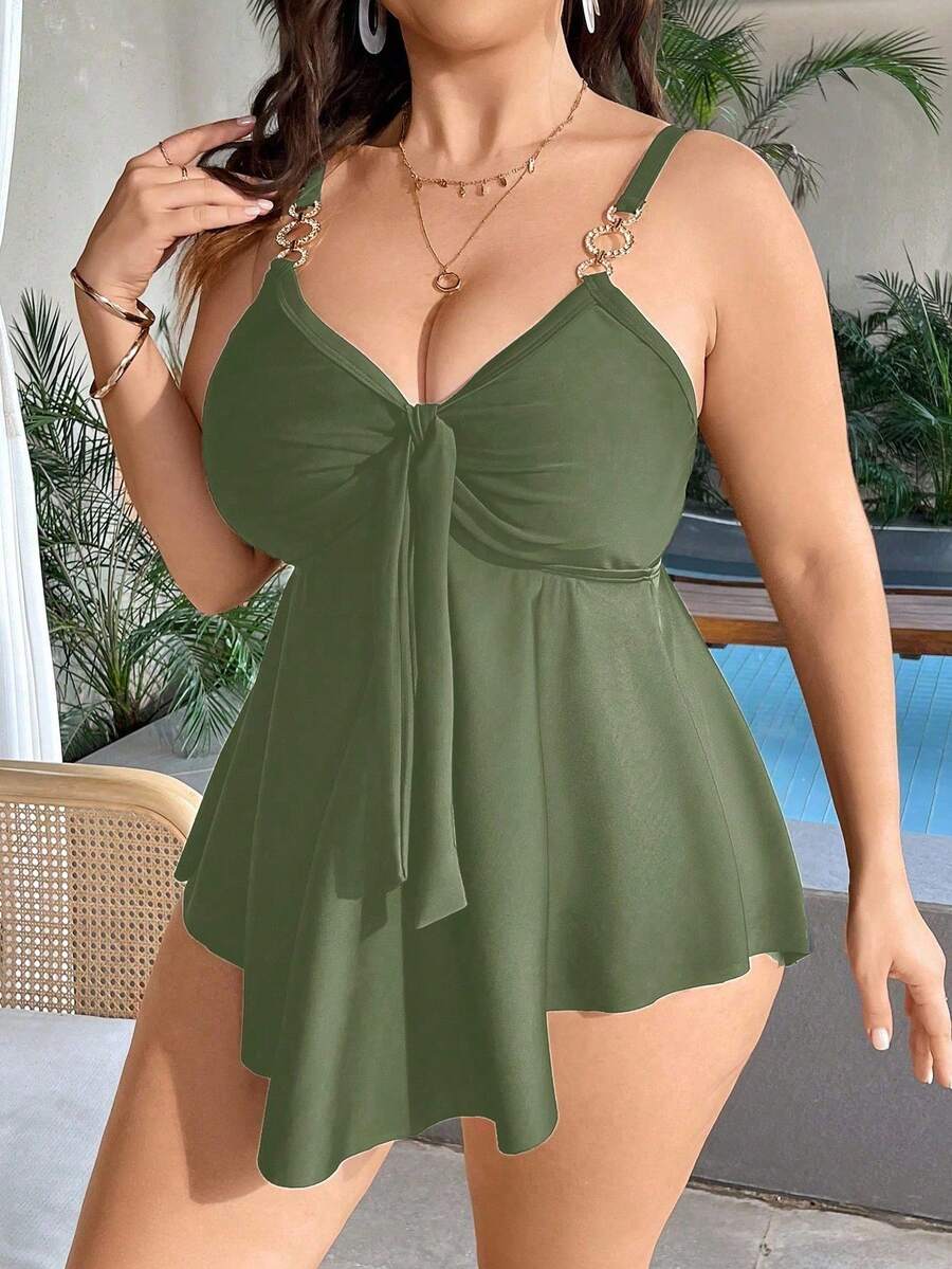 Swim Lushoire Set Tankini Depan Berikat untuk Liburan Musim Panas Ukuran Plus - Olive Green - View 1