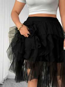 SHEIN Clasi Plus Size Women's Solid Color Asymmetric Hem Mesh Patchwork Dress, Flowing Mesh Sheer Skirt, Puff Cake Skirt, Elegant, Wedding Guest - Black - View 5