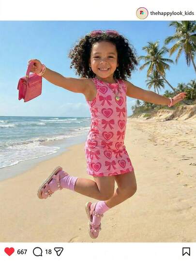 THE HAPPY LOOK Young Girl Heart Pattern Knitted Soft Round Neck Sleeveless Dress