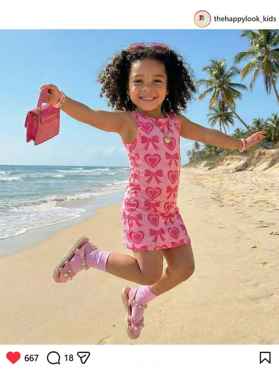 THE HAPPY LOOK 少女心形图案针织柔软圆领无袖连衣裙 - 粉色 - 查看 1