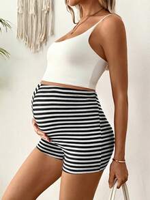 Lyckli Maternity Colorblock Striped Casual Shorts - Black and White - View 5