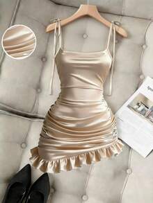 Franclia Đầm mini ôm sát gợi cảm bằng satin màu sâm panh dành cho nữ. - Rượu sâm banh - Xem 3