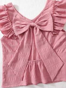 Sparklyn 少女优雅粉色V领梭织衬衫，荷叶边袖口，后背蝴蝶结设计，修身短款上衣，百搭实用，可搭配裙子、喇叭裤、阔腿裤、紧身裤、短裤。 - 粉色 - 查看 8