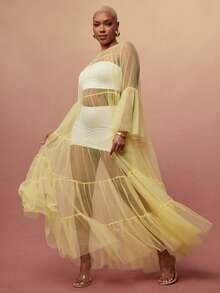 Vixey Sheer Mesh Bell Sleeve Tiered Flowy Layering Dress - Yellow - View 3