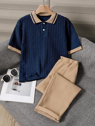 SHEIN 2pcs Tween Boy Gentleman Set, Short Sleeve Polo Shirt + Long Pants, Elegant Formal Outfit For Birthday Party,  , Anniversary,  Wedding,Prom,Graduation Mens Polo Outfit Mens Summer Knit Shirt Mens Casual Set Blue Polo Shirt Khaki Pants Mens Summer Outfit Ribbed Knit Polo Mens Two-Piece Set Korean Fashion Men Mens Polo Set