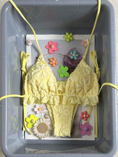 Swim Mod Swim Suits For Women Women's Summer Beach Solid Color Ruffle Trim Halter Neck Tie Two Pieces Bikini Set