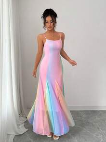 Rafferiza Summer Dopamine Girl Sweet Rainbow Chiffon Dress, Elegant Lady Vacation Spaghetti Strap French Style Dress - Pink - View 5