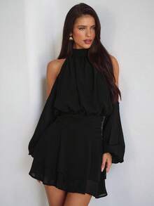 Aloruh Purple-Red Long Sleeve Off-Shoulder Dress, Casual Commuter Elegant Dress With Small Stand Collar, Spring - Black - View 7