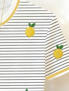 Resyla Áo thun nữ tay ngắn cổ tròn in họa tiết sọc và thêu hình quả chanh, kiểu dáng thường ngày, thích hợp cho mùa hè. - Nhiều màu - Xem 4