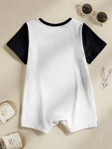 LOONEY TUNES X SHEIN 男宝宝夏季休闲可爱星星兔子印花短袖连体衣 - 黑與白 - 查看 2