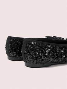 CUCCOO DOLLMOD 女士黑色亮片编织面料简约蝴蝶结串珠方头芭蕾平底鞋，适合四季生日派对穿着。 - 黑色 - 查看 4