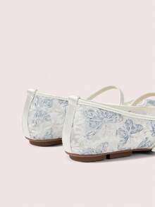 CUCCOO DOLLMOD Women's Shoes Fashion Round Head Flower Embroidery Word With Mary Jane Flats Cute And Sweet - Blue and White - View 4