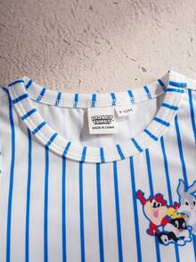 LOONEY TUNES X SHEIN Áo liền quần cổ tròn in hình hoạt hình và sọc cho bé trai - trắng - Xem 3