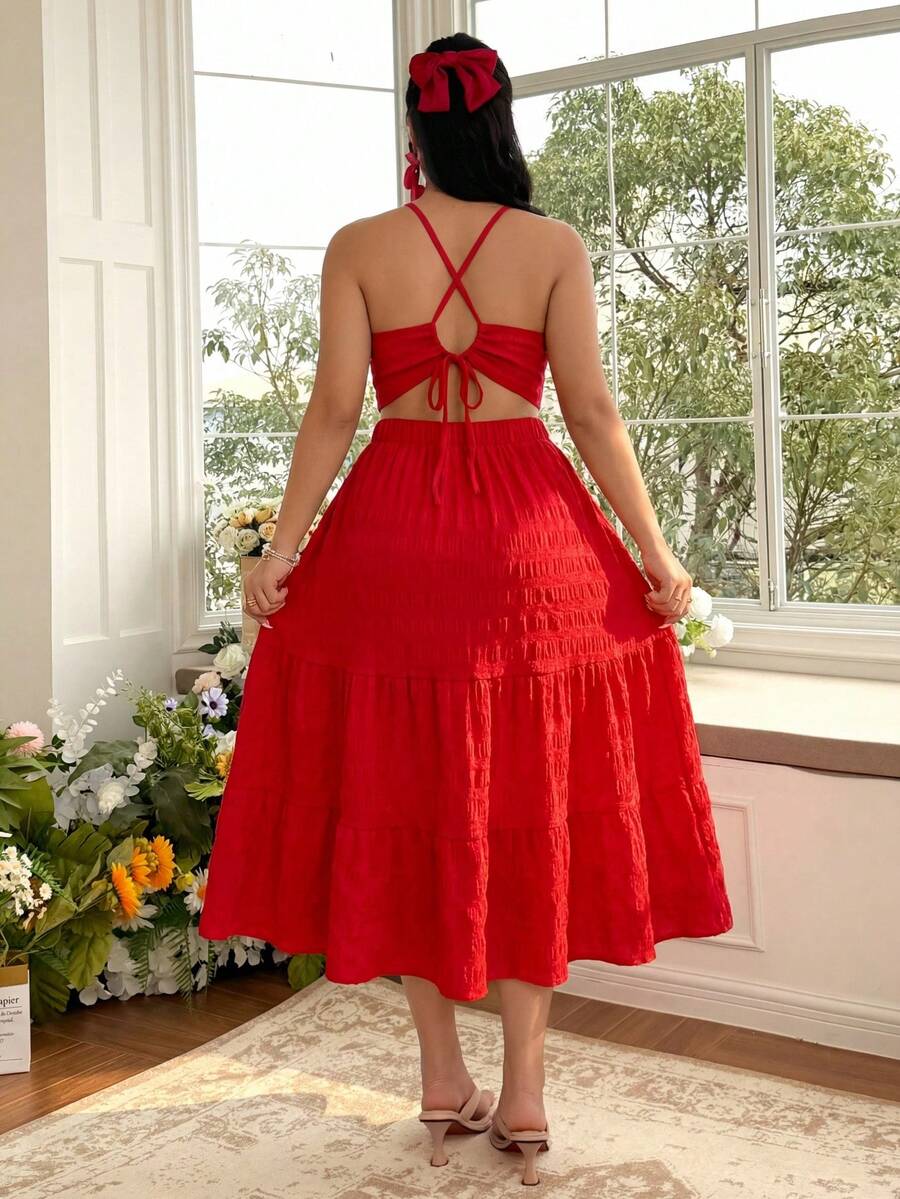 SHEIN Clasi Plus Size Women Solid Color Waist Ruffle Hem Halter Maxi Dress - Red - View 1