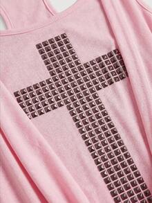 ROMWE Grunge Punk Millennium Y2K Style Deep Draped Neck Cross Metal Rivet Fitted Camisole - Baby Pink - View 3