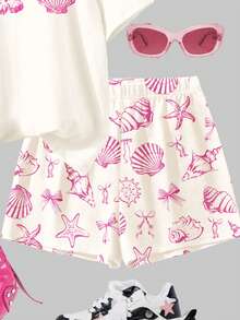 2pcs/Set Tween Girls' Casual Seashell, Starfish, Hibiscus, Bow Print Short Sleeve Round Neck T-Shirt And Shorts, Suitable For Spring/Summer Daily Wear, Street Style, Vacation, Homecoming, Back To School - Multicolor - View 5